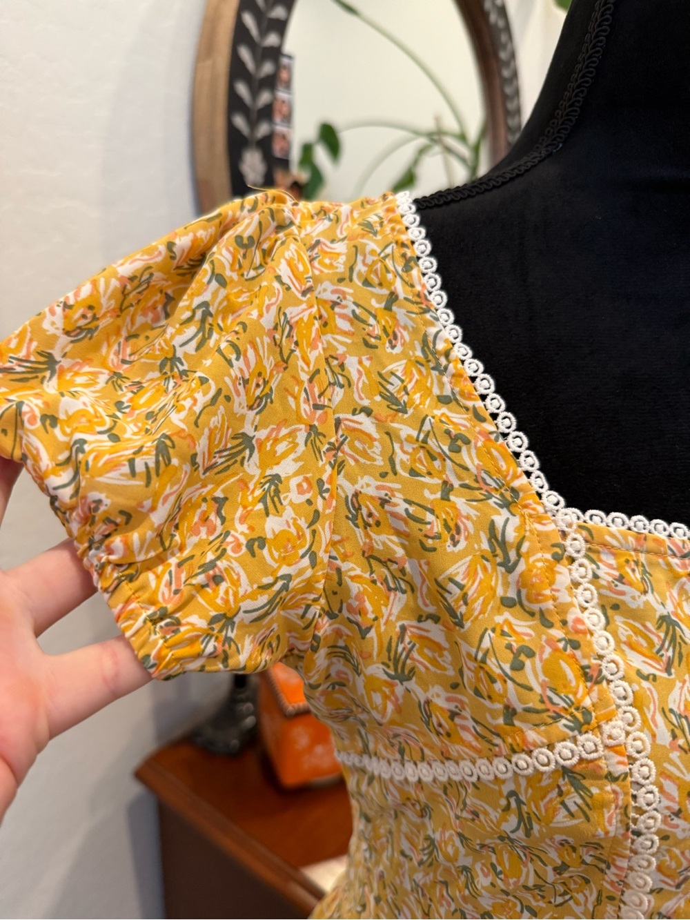 Cider Yellow Floral Drop waist Square-Neck Mini Dress with Lace Trim - Picture 3 of 7